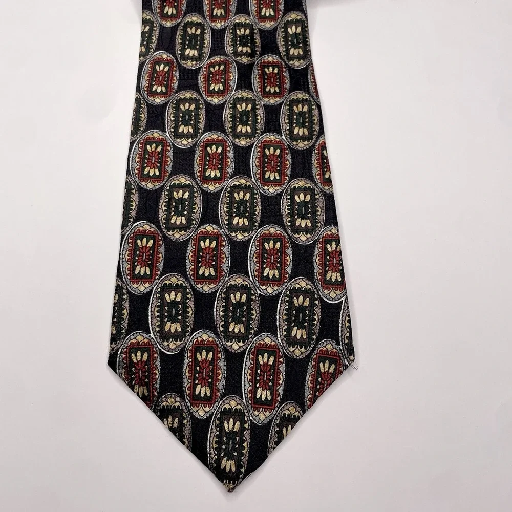 Vintage Oscar‎ de la Renta Tie Geometric Pattern Black 100% Silk Business Formal